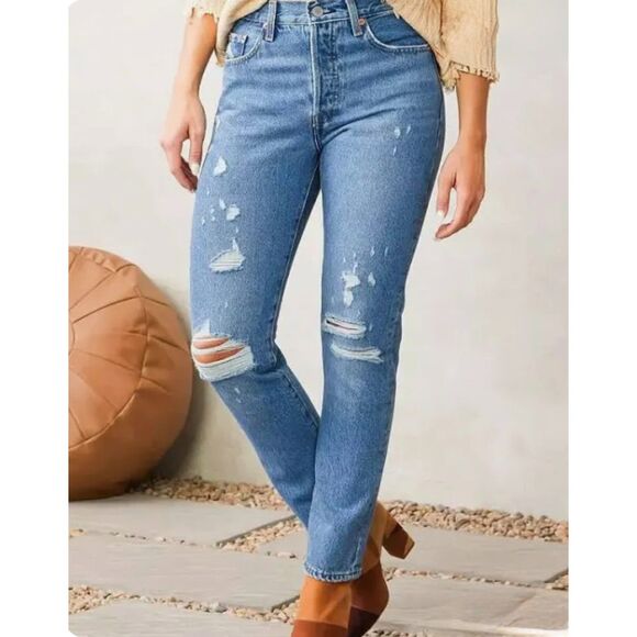 LEVI'S Premium Denin 501 High Rise Button Fly Distressed Skinny Medium Blue - Picture 1 of 14